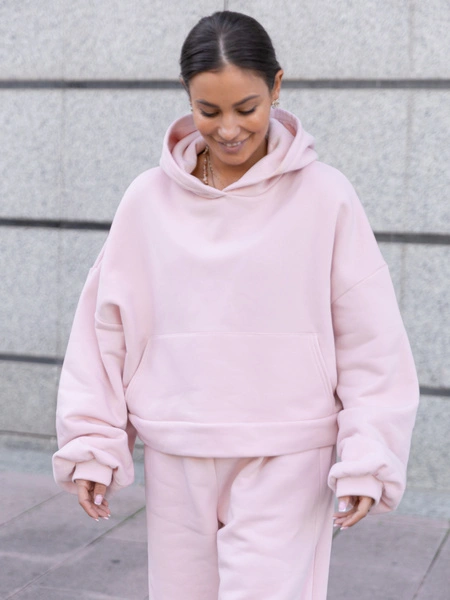 Oversizowa bawełniana BLUZA kangurka z kapturem z prostym ściągaczem z dresu drapanego baby pink X511