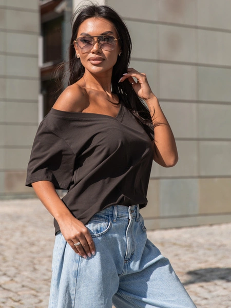 Bawełniany T-SHIRT bluzka z krótkim rękawem z dekoltem V brązowa X404