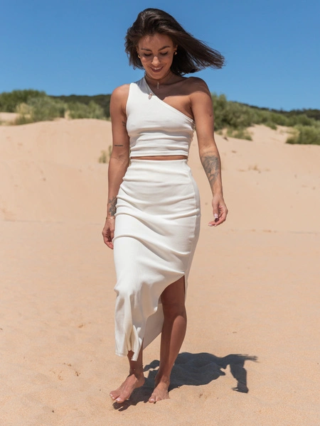 Bawełniany KOMPLET asymetryczny top i maxi spódnica z prążka biały X109 k01