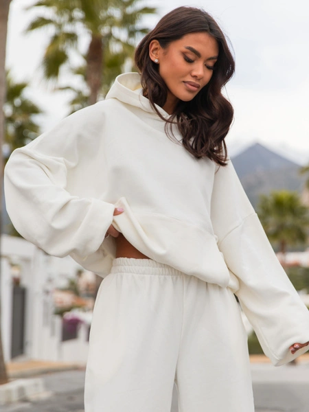 Viralowa Dresowa bawełniana BLUZA z kapturem oversize szeroka ecru E644