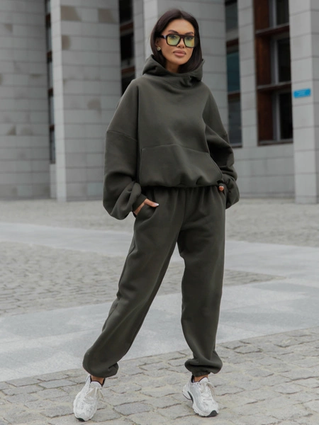 Dresowe bawełniane SPODNIE  ze ściągaczami dark khaki X32