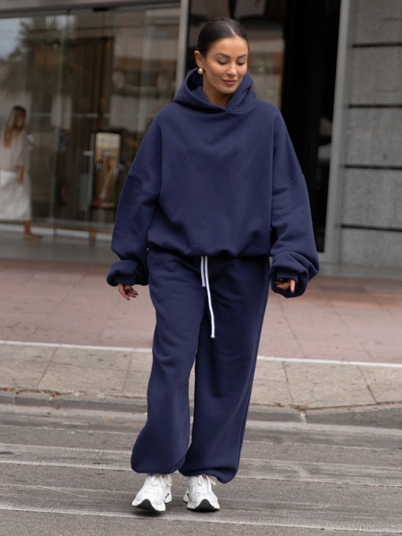 Oversizowa bawełniana BLUZA z dresu drapanego z kapturem navy blue X478