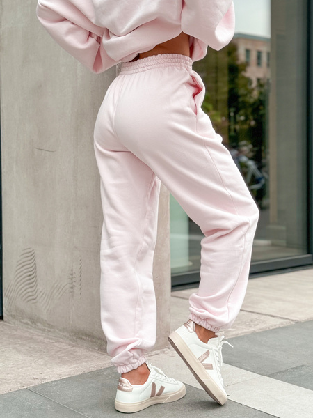 Dresowe bawełniane SPODNIE z wysokim stanem luźny krój ze ściągaczami baby pink E341