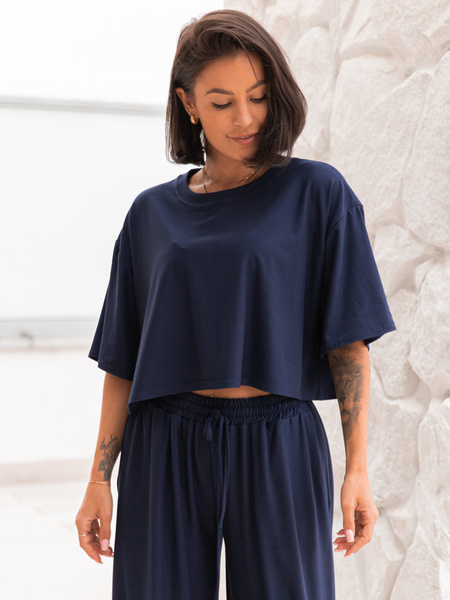 Wiscozowy luźny szeroki T-SHIRT z krótkim rękawem navy blue X201 k01