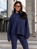 Bawełniany KOMPLET asymetryczna dresowa oversizowa bluza bez kaptura i spodnie legginsy z prążkowanej dzianiny navy blue X351 k01