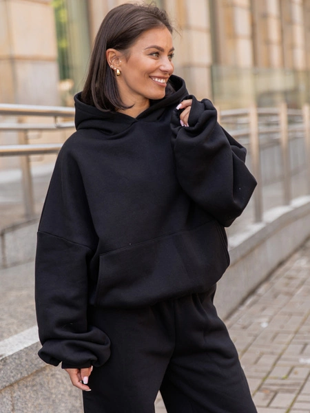 Viralowy ZESTAW: bawełniana BLUZA oversize z kapturem E644 + SPODNIE baggy E643 | czarny