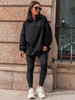 Bawełniany KOMPLET dresowa oversizowa długa bluza z kapturem i spodnie legginsy z prążkowanej dzianiny czarny E335 k01