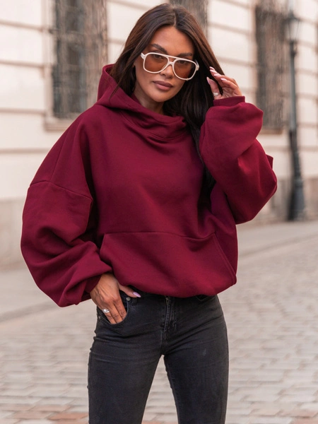 Bawełniana BLUZA z drapanego dresu z kapturem na stójce z kieszeniami kangurka bordowa E1