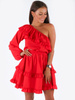 ASYMETRYCZNA ROZKLOSZOWANA SUKIENKA NA JEDNO RAMIĘ czerwona B171 k01