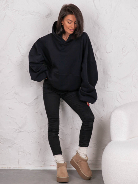Dresowa bawełniana BLUZA z kapturem oversize szeroka czarna E644