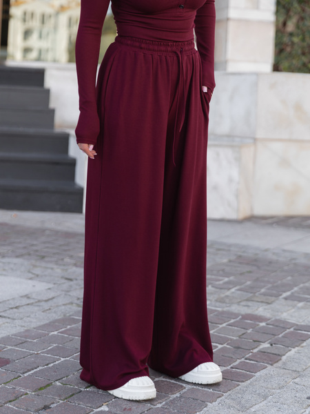 Luźne komfortowe SPODNIE z prążkowanej dzianiny wiscoza i bawełna bordowe X507