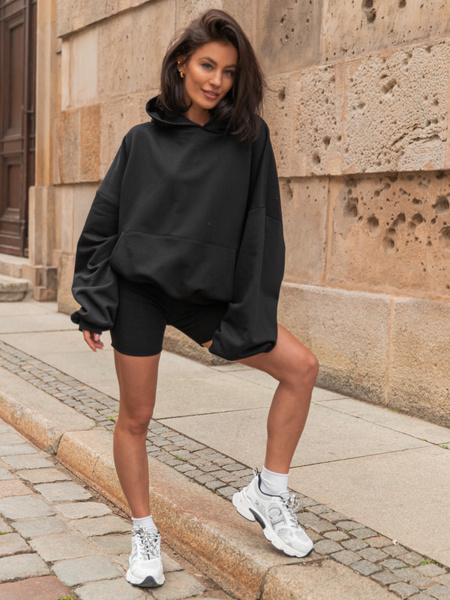 Luźna BLUZA z kapturem oversize szeroka z bawełnianej dresówki niedrapanej od wewnątrz czarna X150
