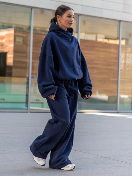 Dresowe bawełniane SPODNIE  z szerokimi nogawkami navy blue X31