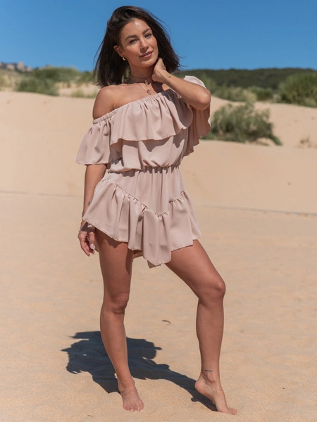 Zwiewna SUKIENKA z wszytymi spodenkami KOMBINEZON w stylu hiszpańskim beżowy X108 k01