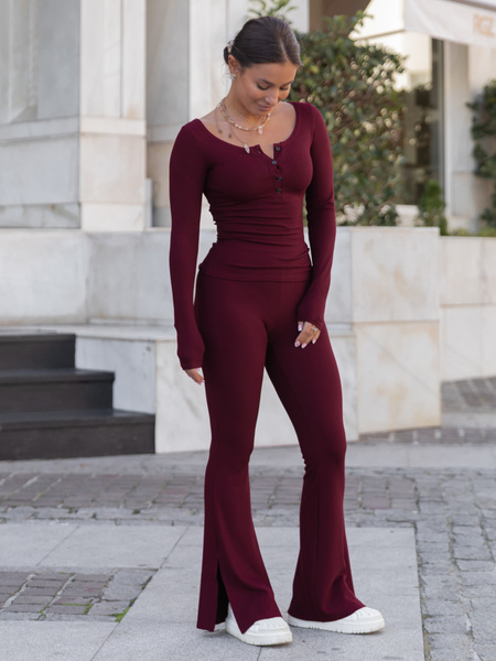 Dopasowana BLUZKA z guzikami z prążkowanej dzianiny wiscoza i bawełna bordowa X503