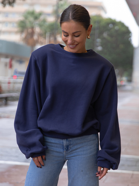 Oversizowa bawełniana BLUZA z drapanego dresu z poduszkami na ramionach navy blue X469