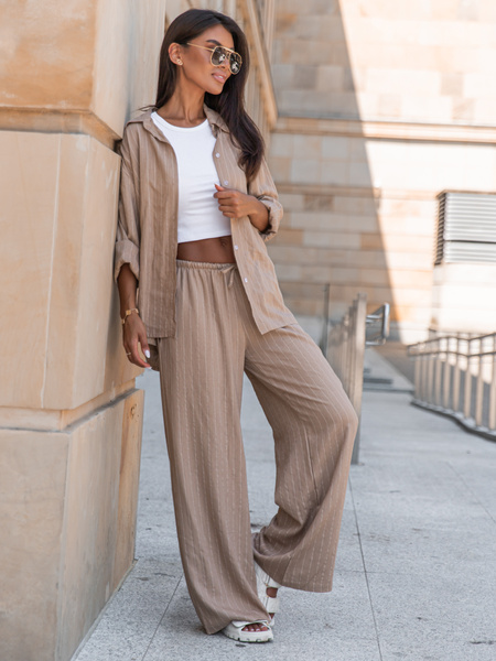 Lniana oversizowa dłuższa KOSZULA mokka w tenisowy prążek X250 k01