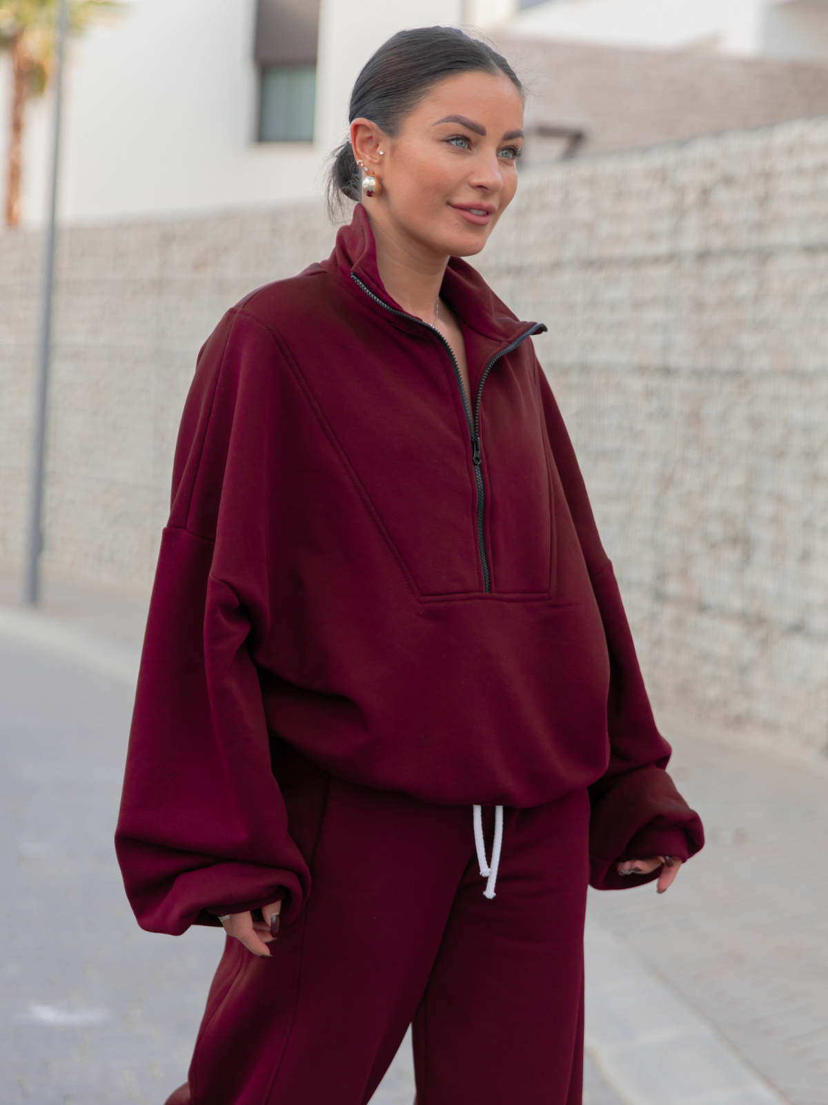 ZESTAW DRESOWY: Oversizowa BLUZA z dresu drapanego na stójce z zamkiem X477 + Oversizowe SPODNIE dresu drapanego z przeszyciem i ściągaczami X476