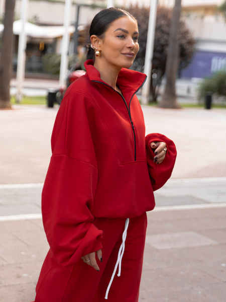 Oversizowa bawełniana BLUZA z dresu drapanego na stójce z zamkiem czerwona X477