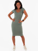 Bawełniana ołówkowa sukienka midi z krótkim rękawem z prążka khaki c311 k01