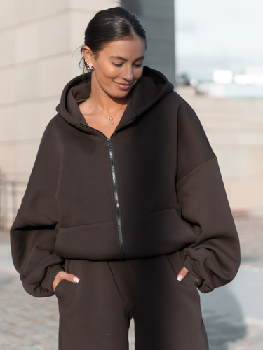 Oversizowa BLUZA z kapturem zapinana na zamek bluzowana kangurka z bawełnianej dresówki dark chocolate X1