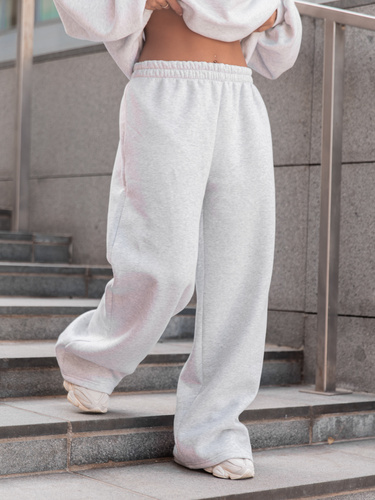 Dresowe bawełniane SPODNIE  z szerokimi nogawkami szary melanż X31