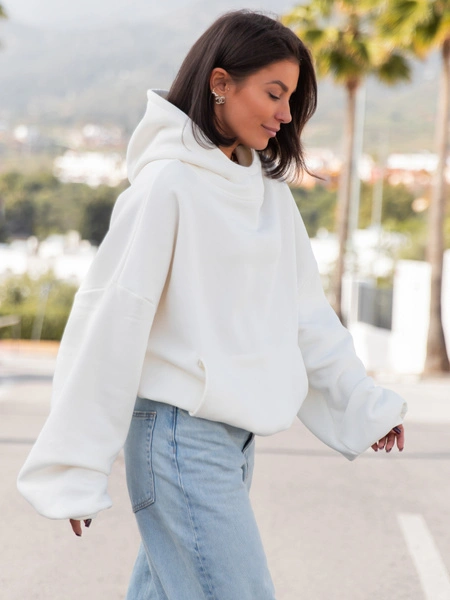 Viralowa Bawełniana BLUZA z drapanego dresu z kapturem na stójce z kieszeniami kangurka ecru E1