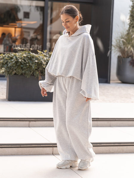 Bawełniane dresowe SPODNIE oversize baggy ze ściągaczami z dresówki pętelkowej szary melanż X516