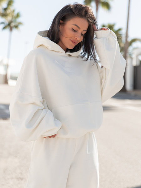 Viralowa Dresowa bawełniana BLUZA z kapturem oversize szeroka ecru E644