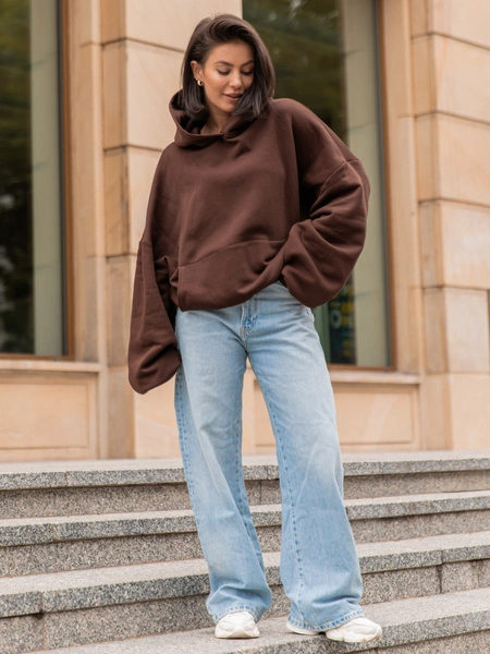 Viralowa Dresowa bawełniana BLUZA z kapturem oversize szeroka brązowa E644