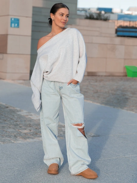 Dresowa bawełniana BLUZA opuszczana na ramiona oversize szeroka szary melanż X413 k01