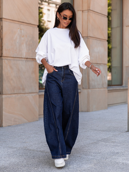 Oversizowy T-SHIRT bluzka z długim rękawem z bawełny biały X313