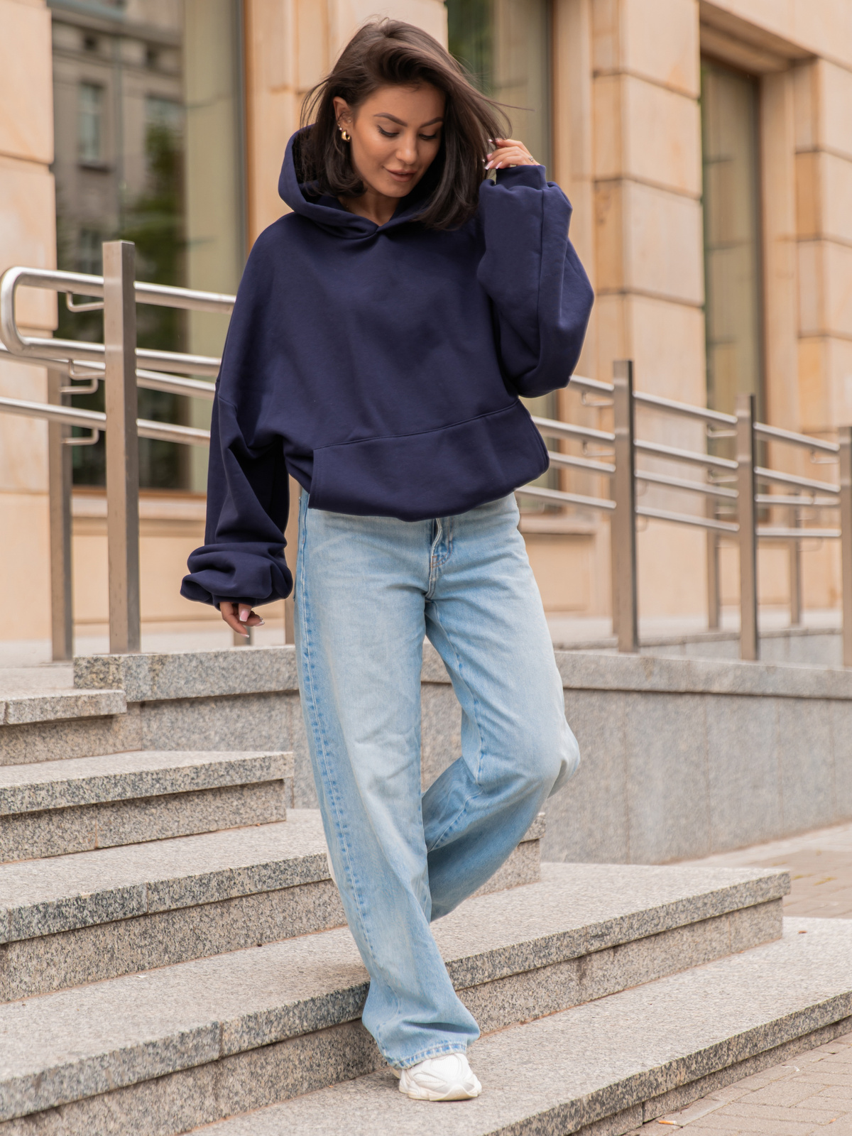 Viralowa Dresowa bawełniana BLUZA z kapturem oversize szeroka navy blue E644