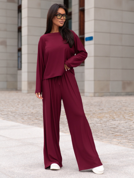 Wiscozowy luźny szeroki T-SHIRT z długim rękawem bordowy X415