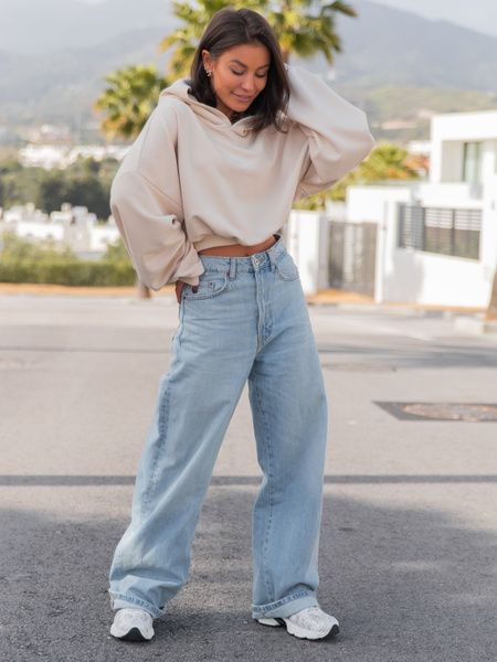 Bawełniana krótka oversizowa BLUZA dresowa z kapturem kangurka waniliowa X51 k01