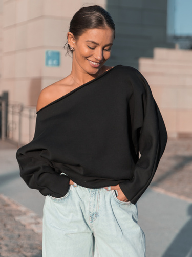 Dresowa bawełniana BLUZA opuszczana na ramiona oversize szeroka czarna X413 k01