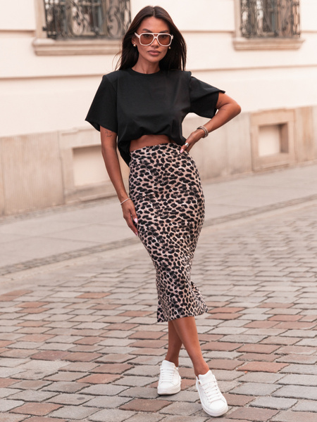 SPÓDNICA o długości midi dopasowana z rozporkiem z gładkiej dzianiny panterka E418