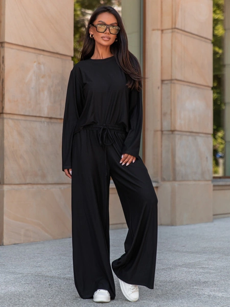 Codzienny komfortowy KOMPLET z wiscozy luźna bluzka z długim rękawem i szerokie spodnie czarny X318