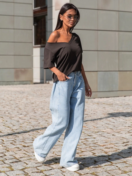 Bawełniany T-SHIRT bluzka z krótkim rękawem z dekoltem V brązowa X404