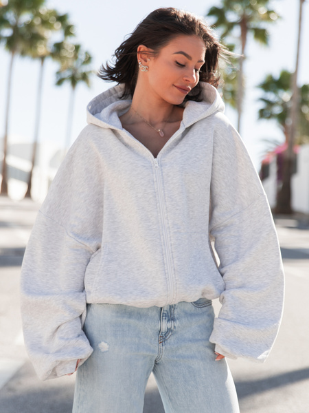 Oversizowa BLUZA z kapturem zapinana na zamek bluzowana kangurka z bawełnianej dresówki szary melanż X1