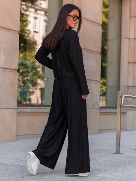 Codzienny komfortowy KOMPLET z wiscozy luźna bluzka z długim rękawem i szerokie spodnie czarny X318