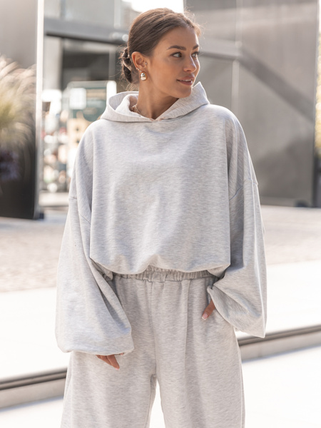 Bawełniana dresowa BLUZA z kapturem oversize z szerokimi rękawami z dresu pętelkowego szary melanż X515