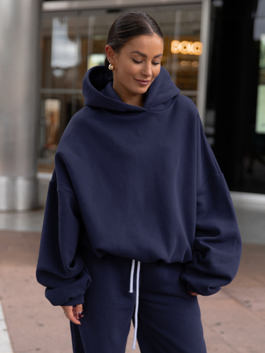 Oversizowa bawełniana BLUZA z dresu drapanego z kapturem navy blue X478