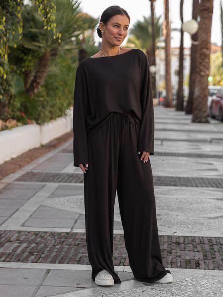 Luźna komfortowa BLUZKA z długim rękawem z prążkowanej dzianiny wiskoza i bawełna czekoladowa X506