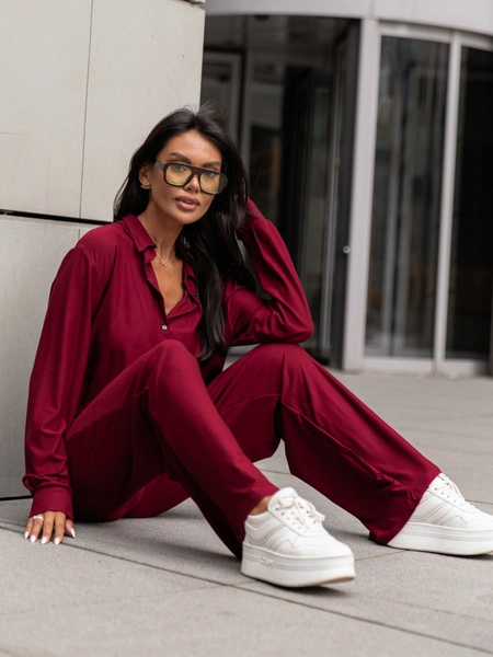 Wiskozowy codzienny KOMPLET lużna bluzka o kroju koszuli i luźne spodnie bordowy X357 k01