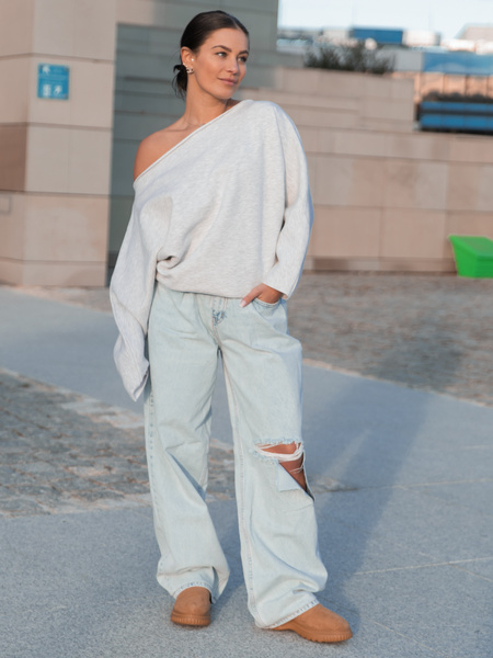 Dresowa bawełniana BLUZA opuszczana na ramiona oversize szeroka szary melanż X413