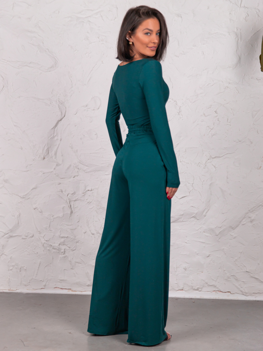 Luźne SPODNIE z szerokimi nogawkami z przeszyciem z wiskozy zielone E648 K01