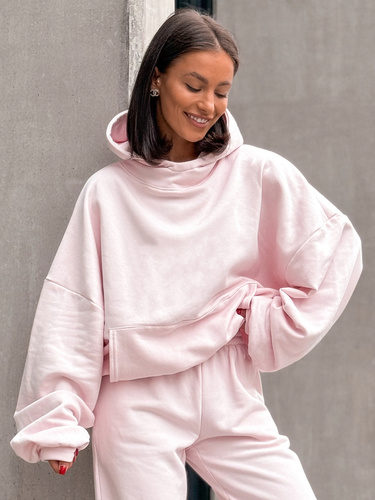 Bawełniana BLUZA z drapanego dresu z kapturem na stójce z kieszeniami kangurka baby pink E1