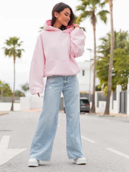 Viralowa Dresowa bawełniana BLUZA z kapturem oversize szeroka baby pink E644