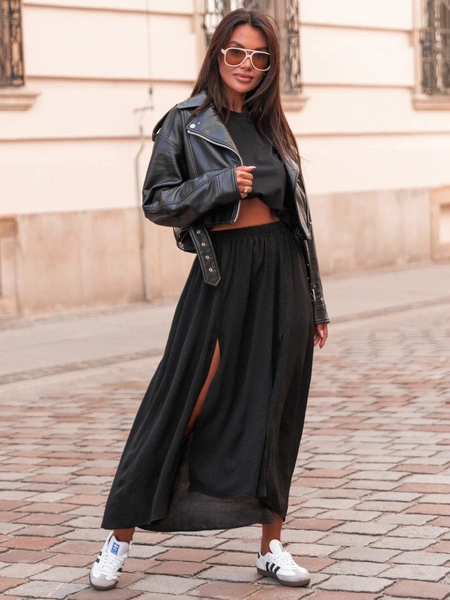 Zwiewna długa SPÓDNICA maxi z rozporkami czarna E414